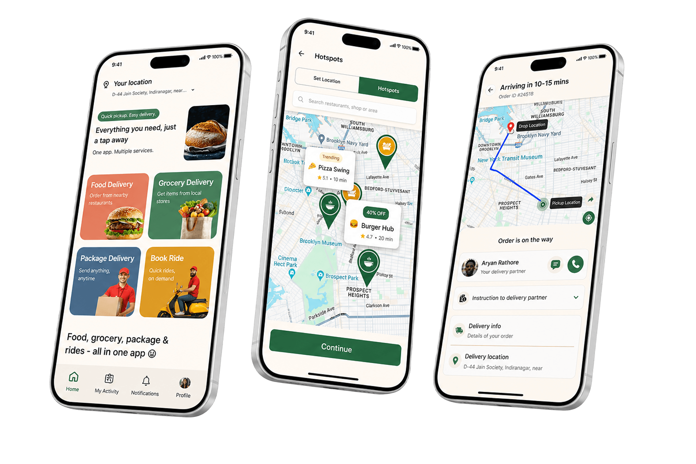 QOX customer app on three phones showing services, map, and live order tracking