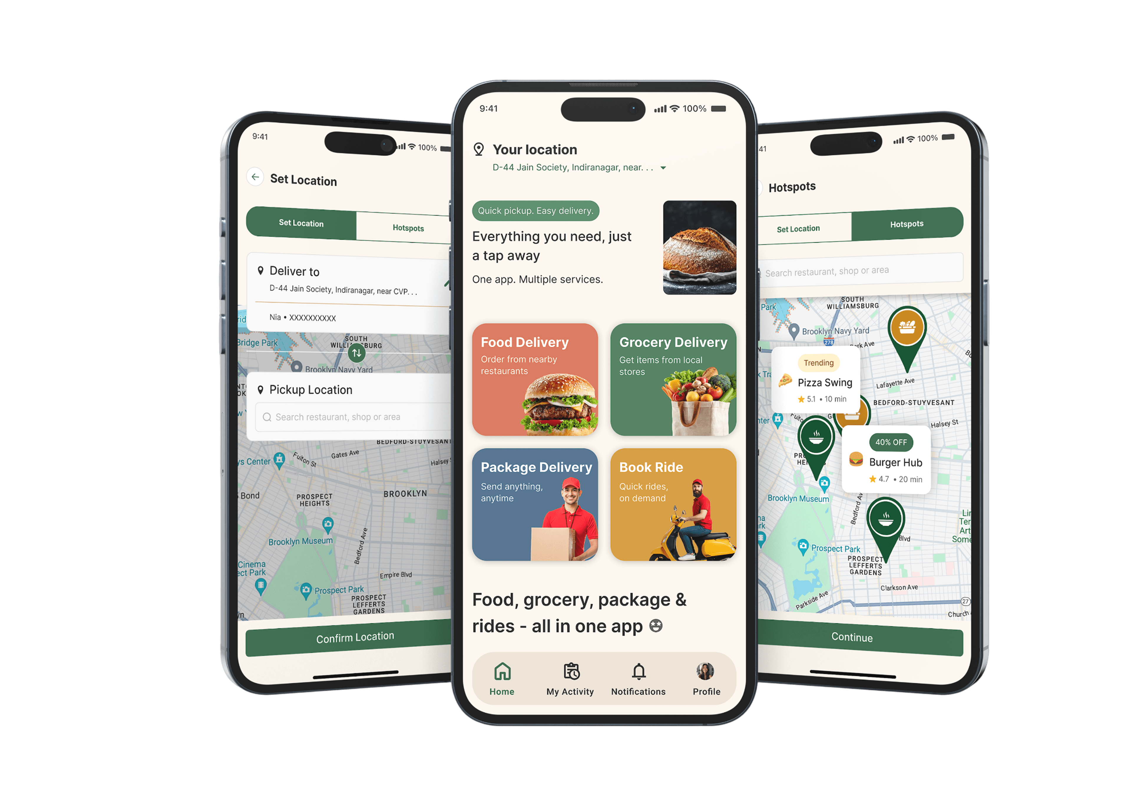 QOX customer app screens showing food, grocery, package delivery, and ride booking