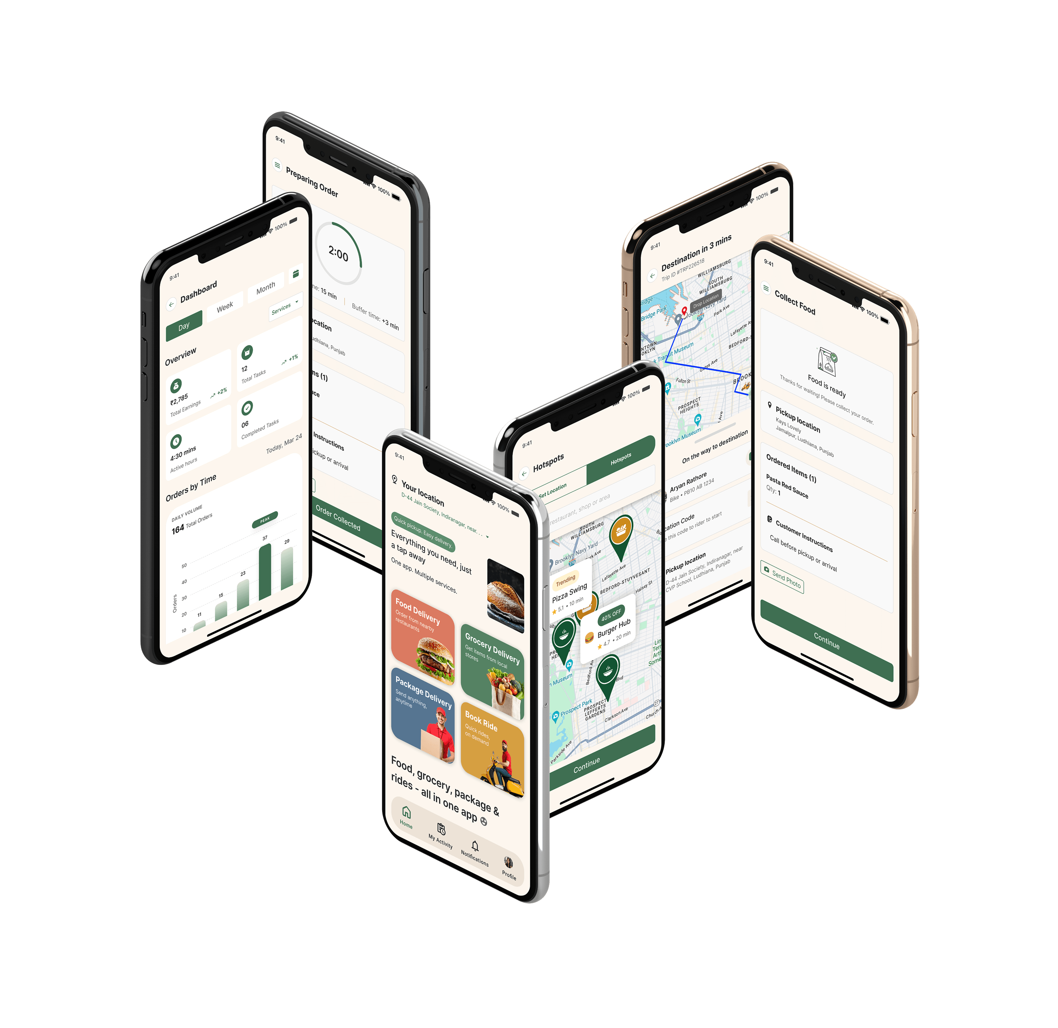 QOX app screens showing ordering, tracking, rider dashboard, hotspots, and delivery flows