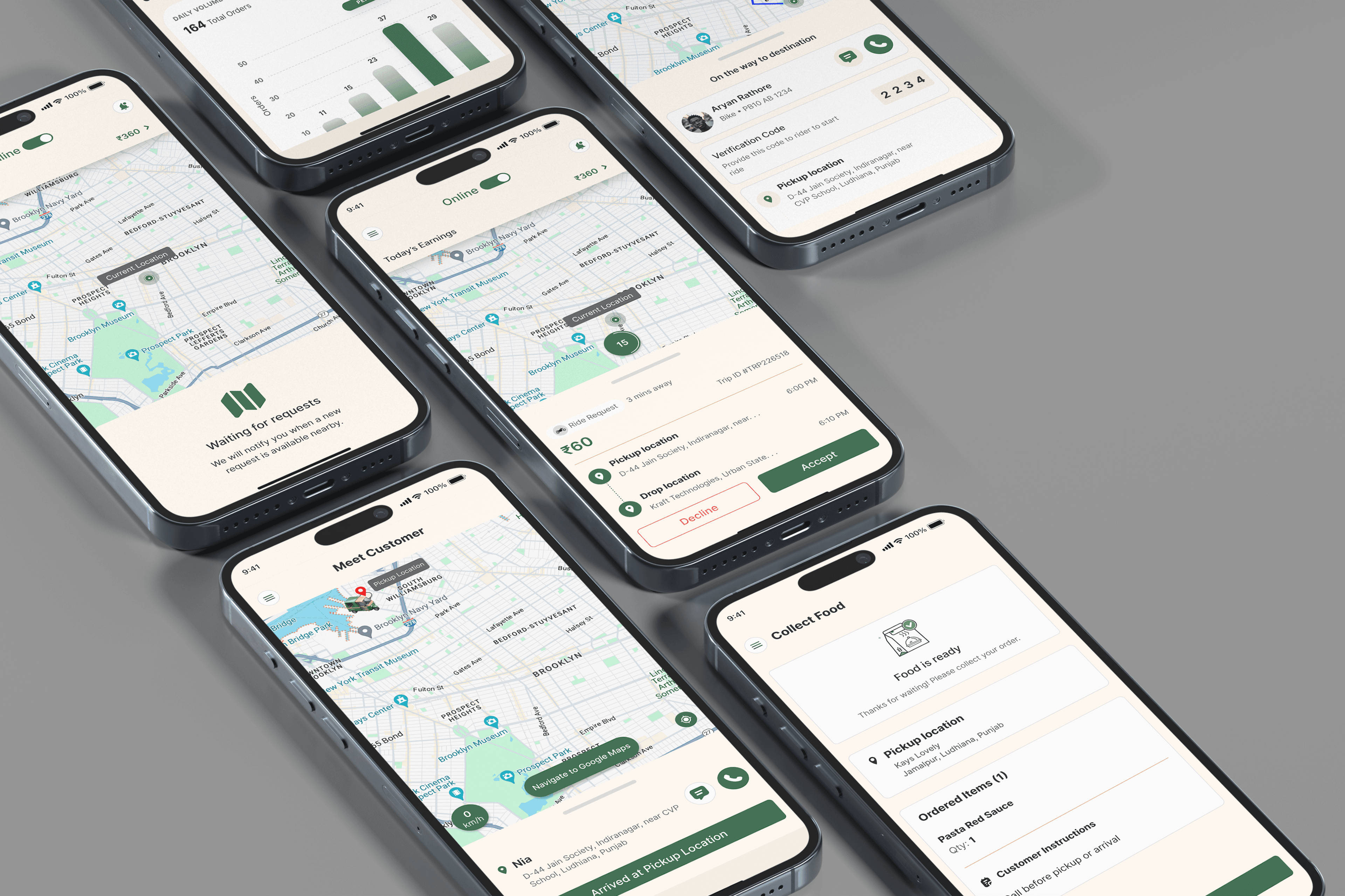QOX rider app screens showing trips, maps, earnings, and delivery flow